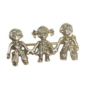Sterling Silver Brooch Pin Three Children Holding Hands 925